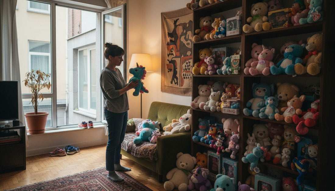 Un chico presume con orgullo su colección de peluches