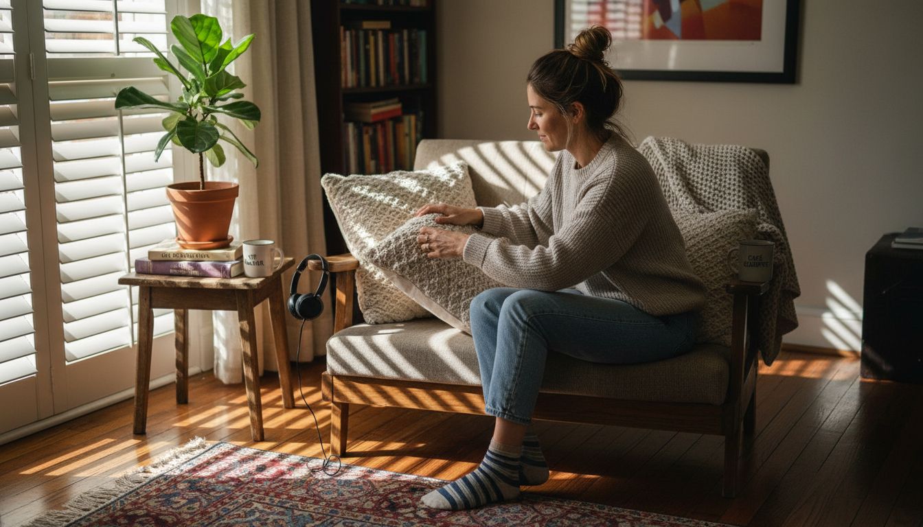 Mujer relajándose en sofá con ambiente tranquilo y acogedor