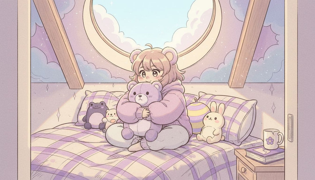 Teen with variety of plushies in cozy bedroom