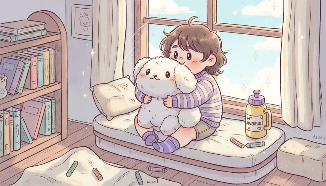 Child hugging plush toy on window seat