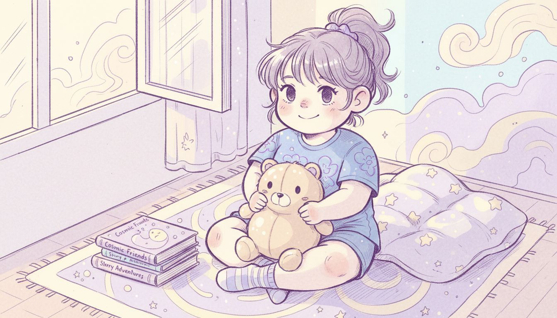 Child holding plush support toy on living room floor