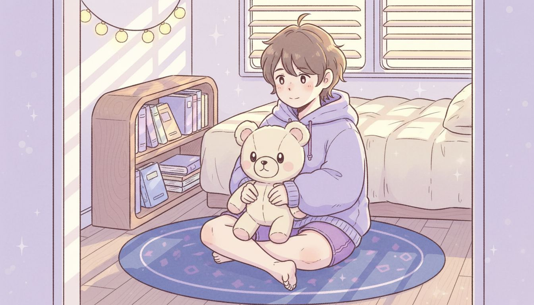 Young adult cradling plush toy in bedroom