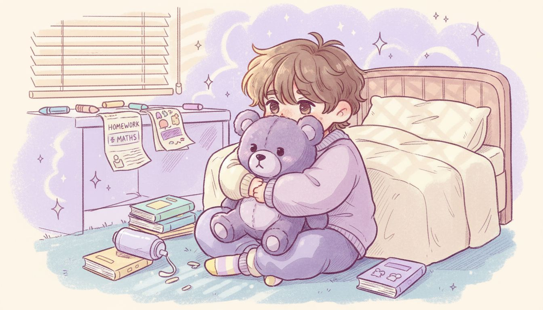 Child hugging plush toy in bedroom