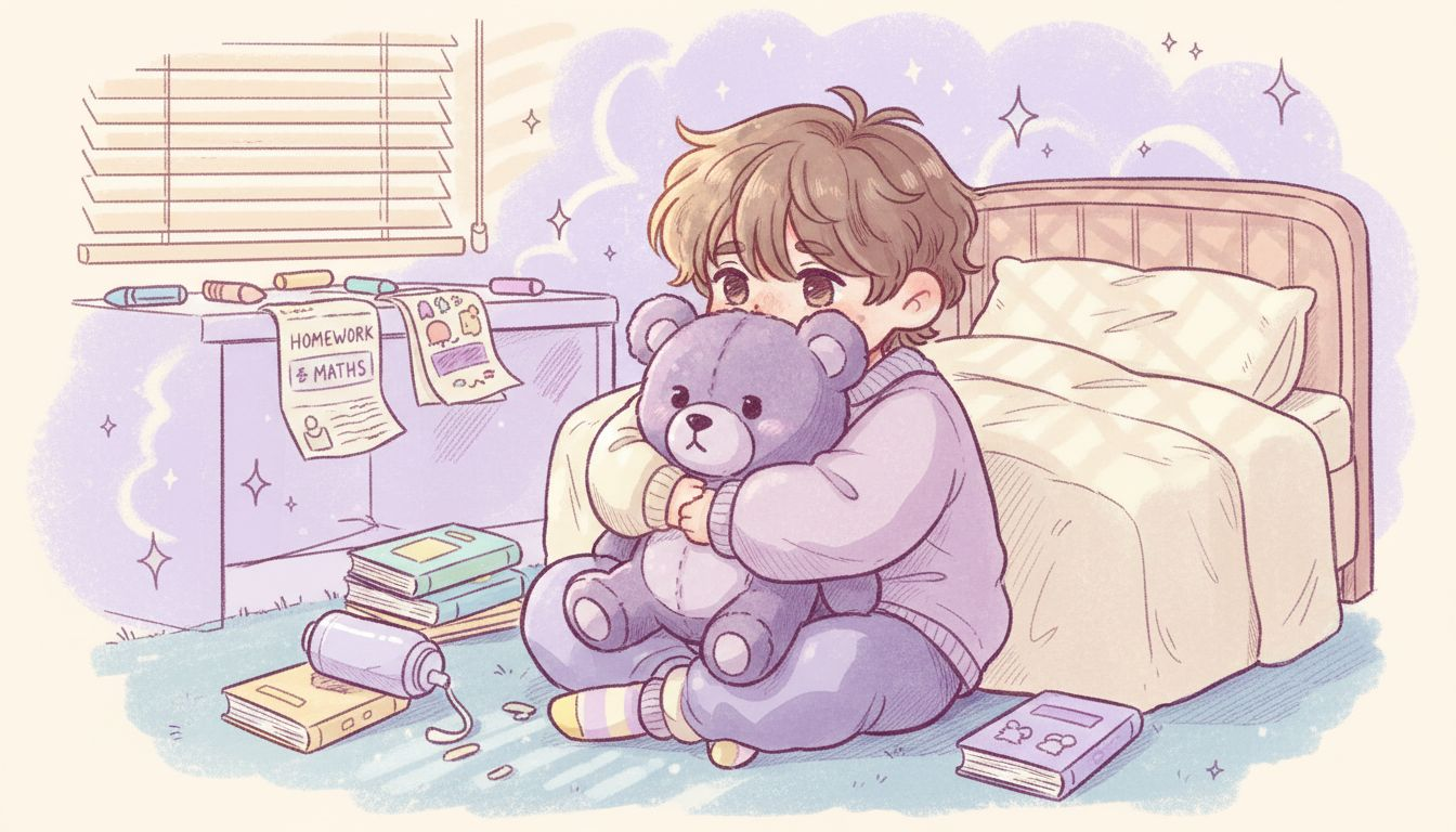 Child hugging plush toy in bedroom