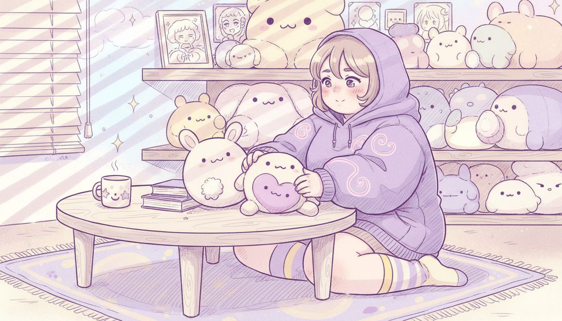 Young adult arranging plushies in cozy room