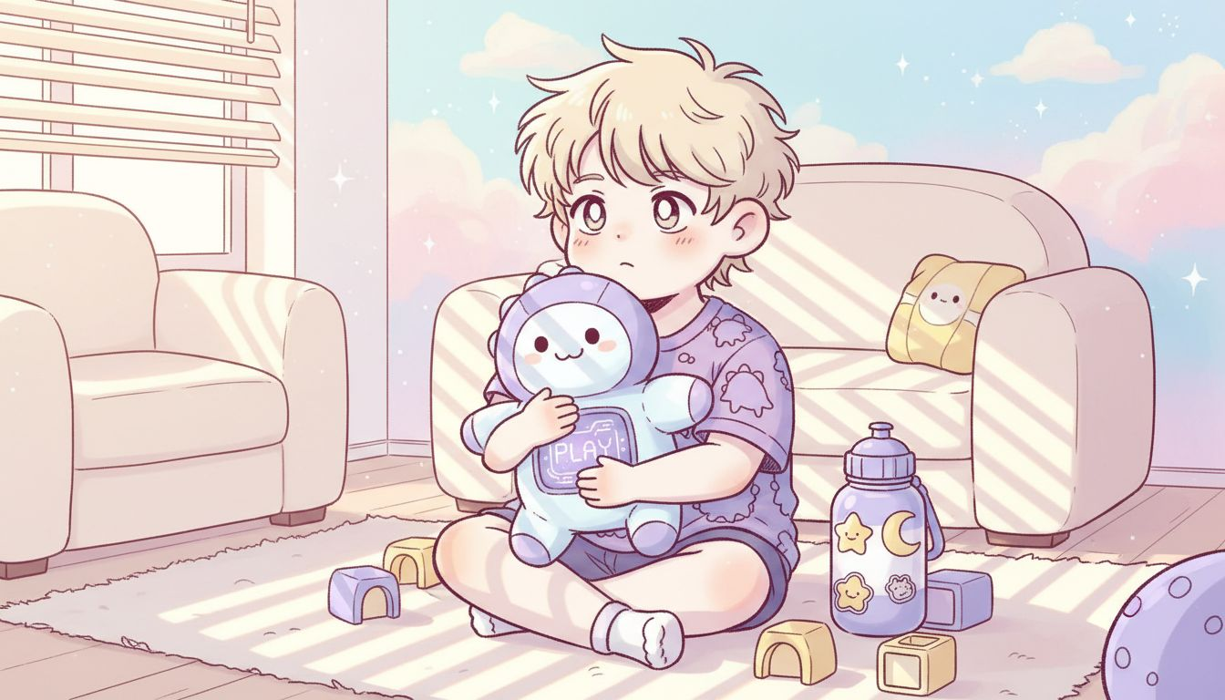 Boy hugging digital plush toy in living room