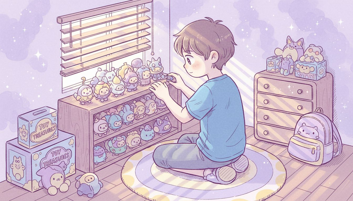 Child arranging collectible toys on shelf