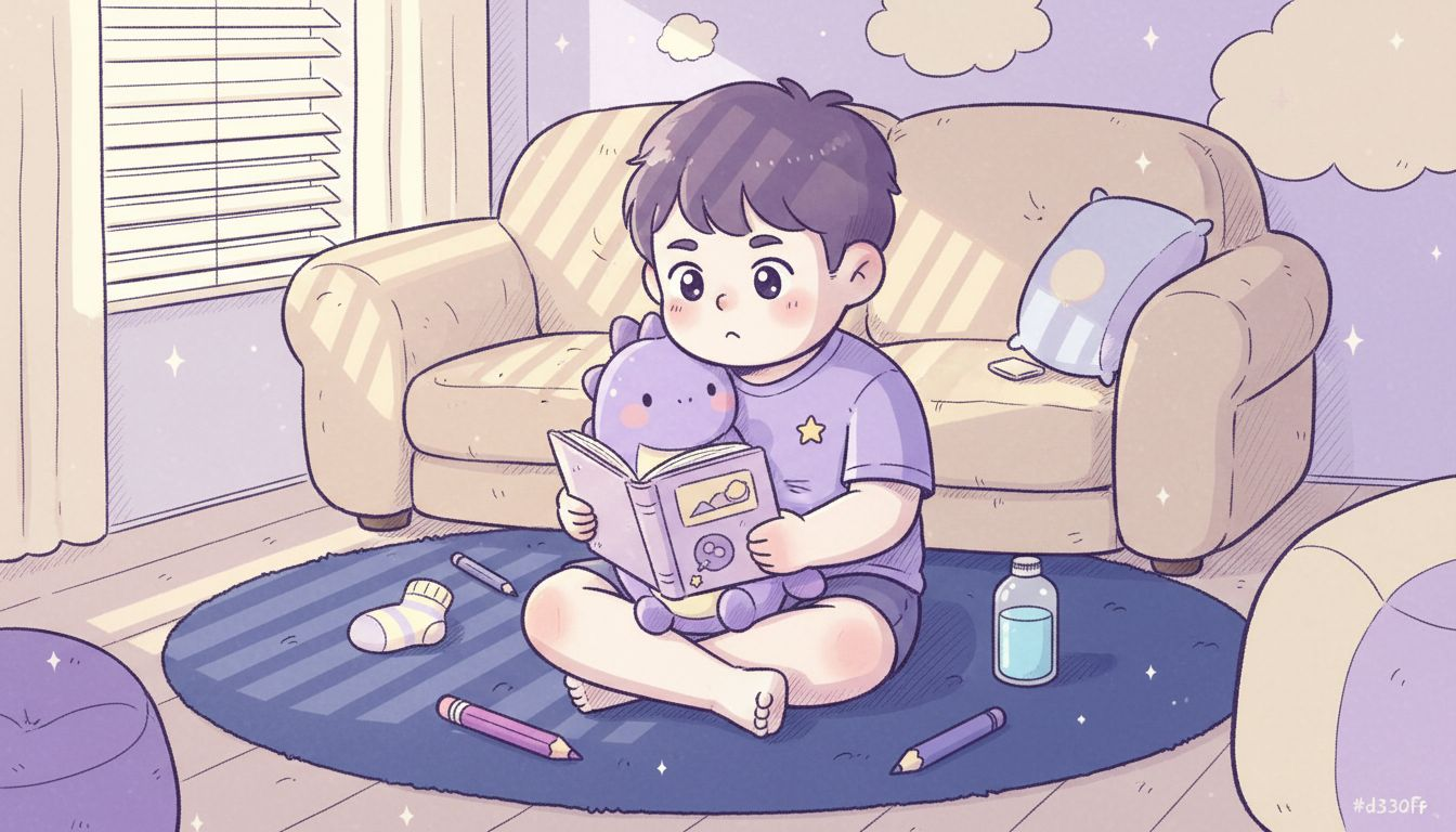 Child focusing with plush toy and book