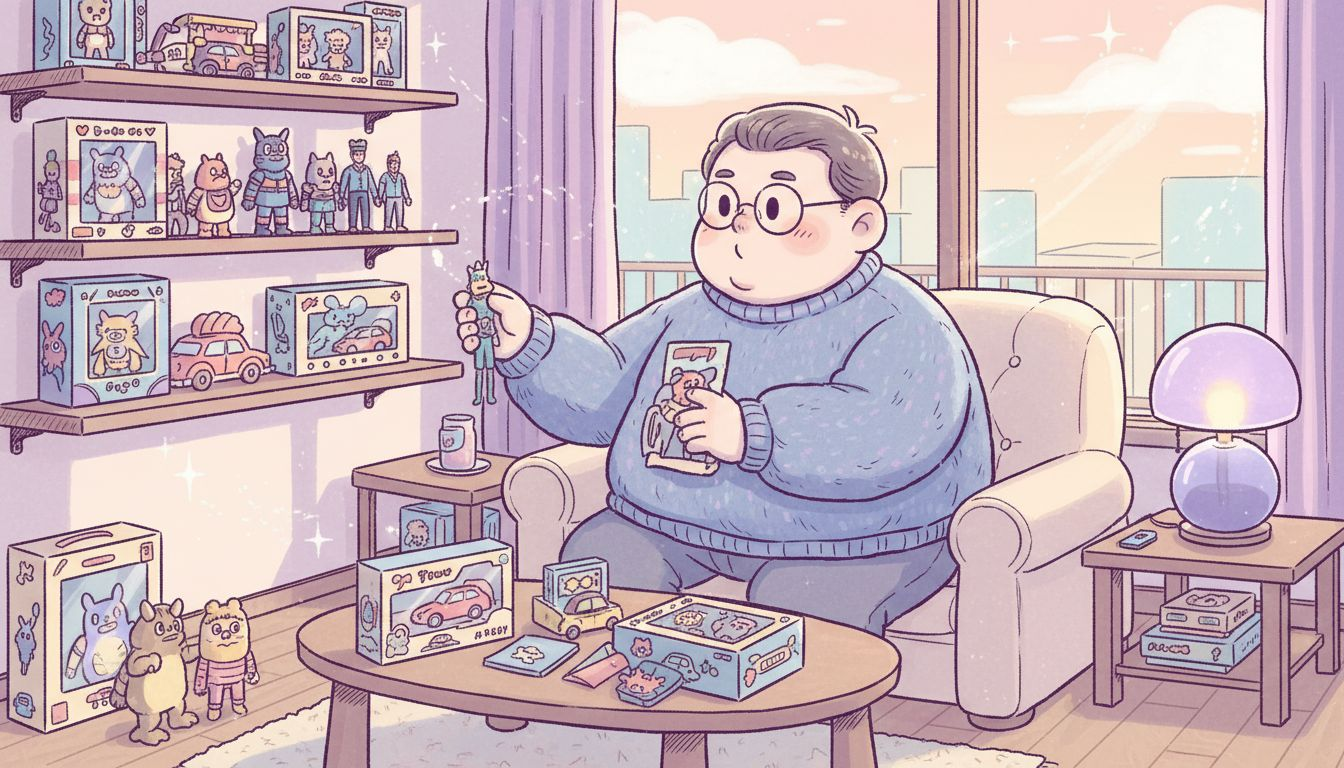 Adult organizing collectible toys in sunny apartment