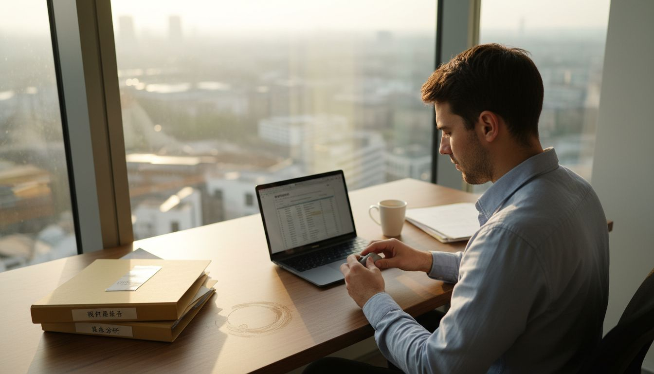 一名年轻人在办公室专心玩互动类玩具。