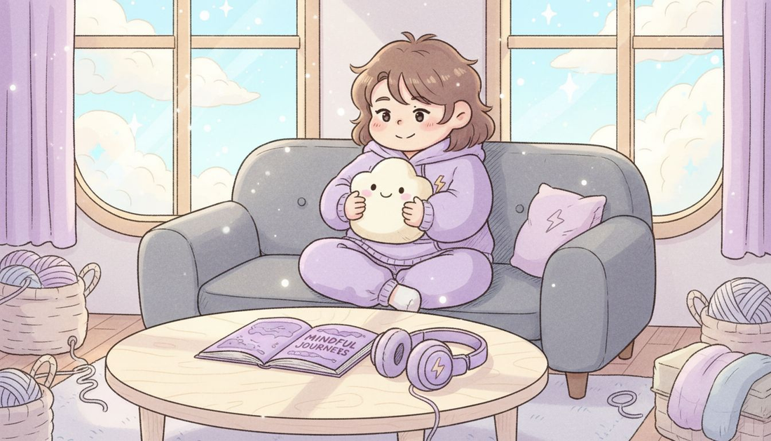 Young adult holding mindfulness plush in living room