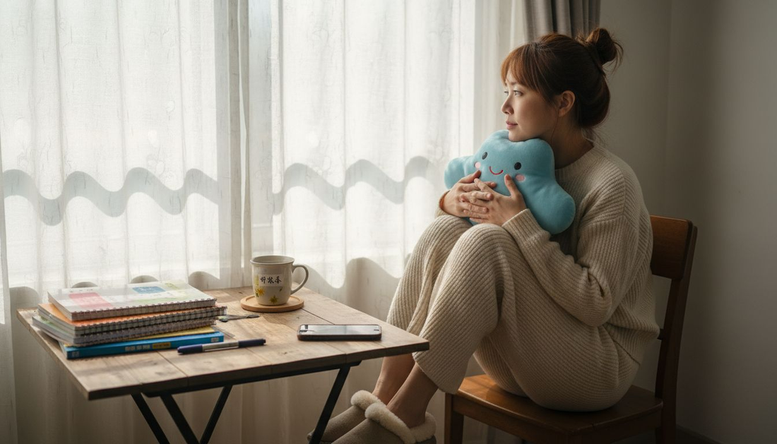 一位有注意力缺陷障碍的女生坐在家里的书桌前，用手把玩着解压玩具，试图缓解自己的情绪。