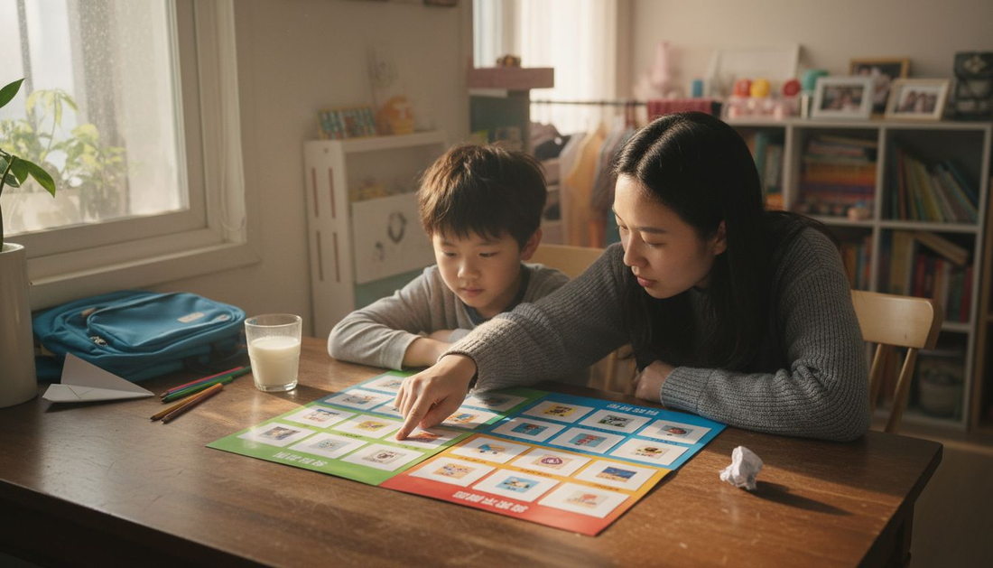 妈妈陪着多动症孩子一起制定每日作息时间表，帮助他养成良好的生活习惯。