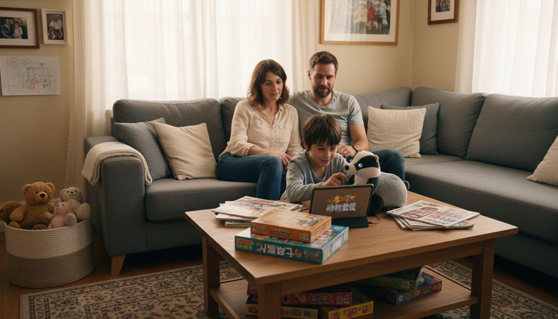 一家人围坐在客厅，开心地和智能玩具互动，欢声笑语不断。