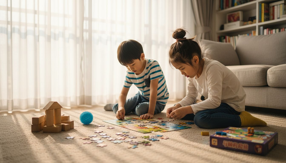 孩子们在客厅专心玩着益智玩具，气氛温馨而充满乐趣。