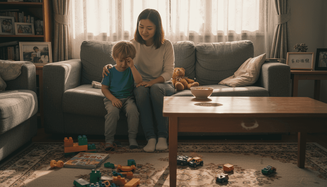 客厅里，妈妈轻轻地拥抱着儿子，温柔的话语安慰着他，母子之间的情感在这一刻悄然流淌。