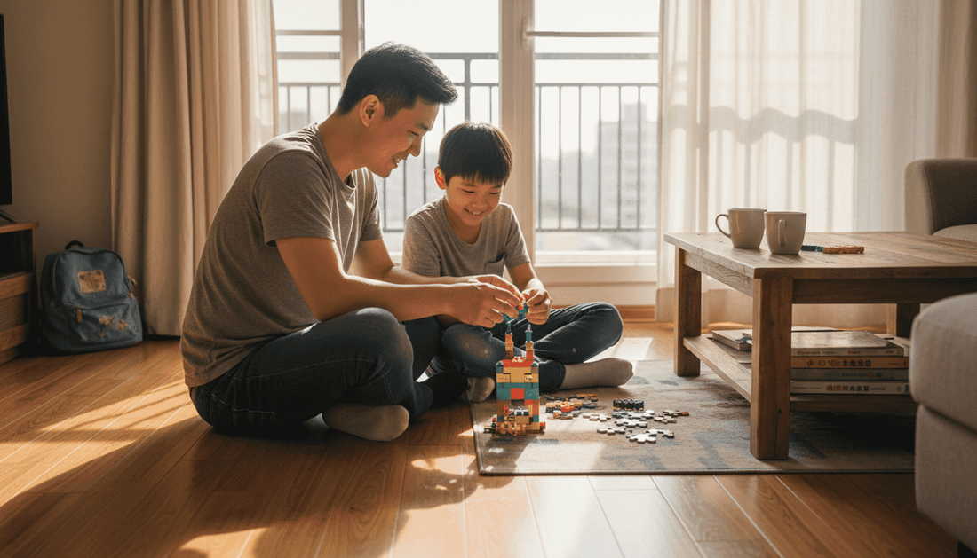 在井然有序的家庭氛围中，父亲和儿子一起动手组装玩具，其乐融融。