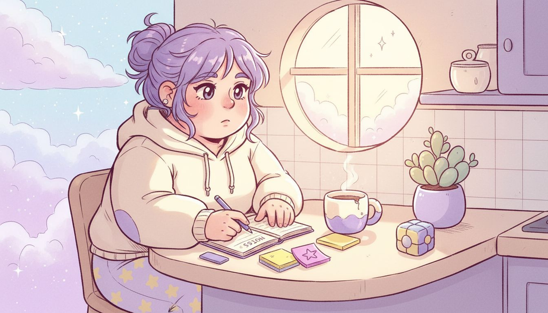 Woman journaling at cluttered kitchen counter