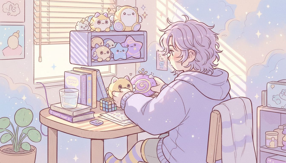 Person arranging comforting collectibles in bedroom