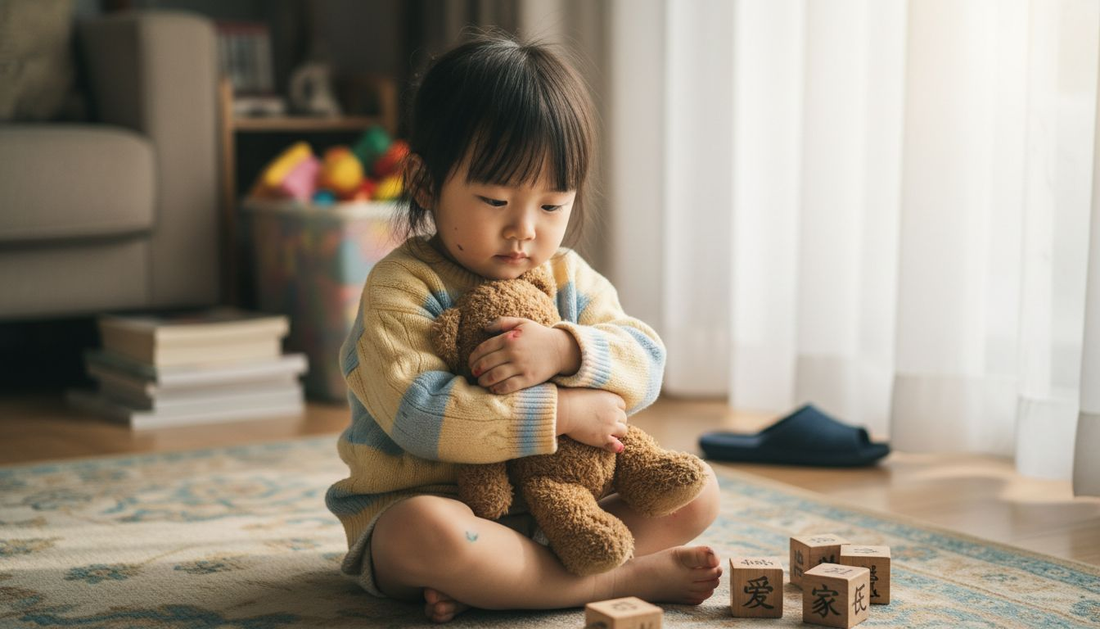 孩子紧紧抱着心爱的玩具，仿佛在寻求一种安慰和安全感。