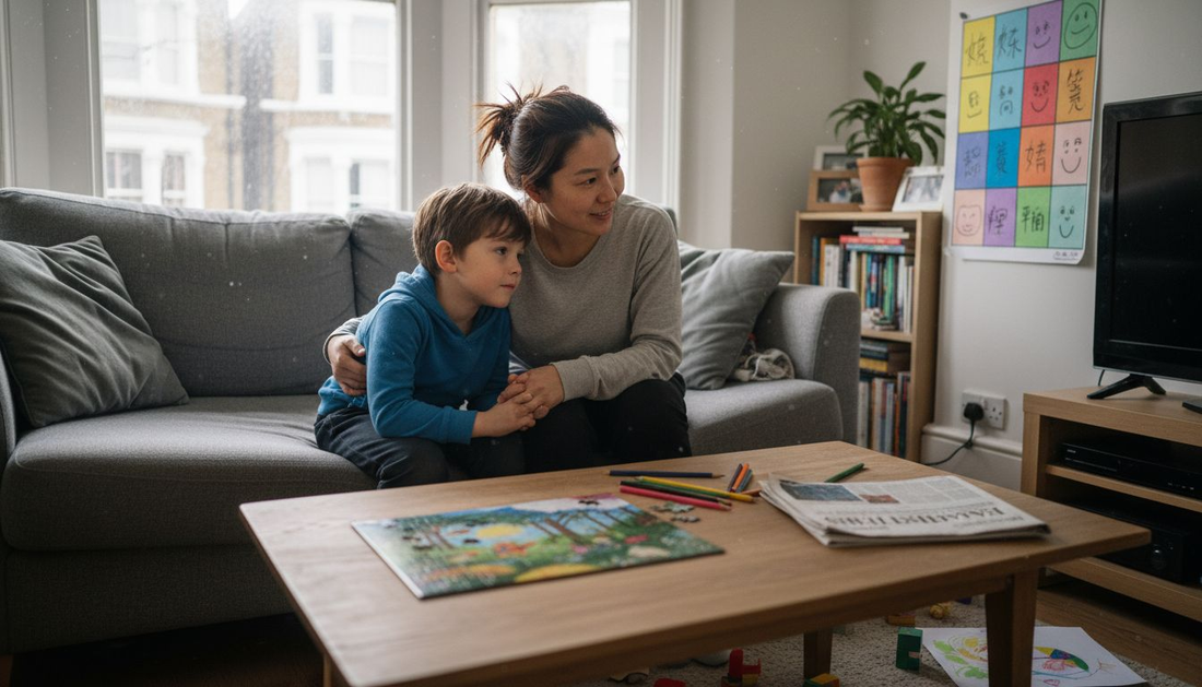 妈妈和患有注意力缺陷多动症的孩子在家一起使用情绪卡片，帮助孩子表达和理解自己的情感。