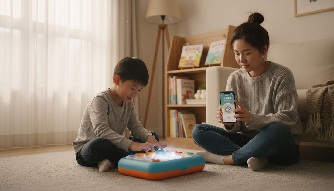 孩子在家长的陪伴下，专注地玩着互动电子玩具。
