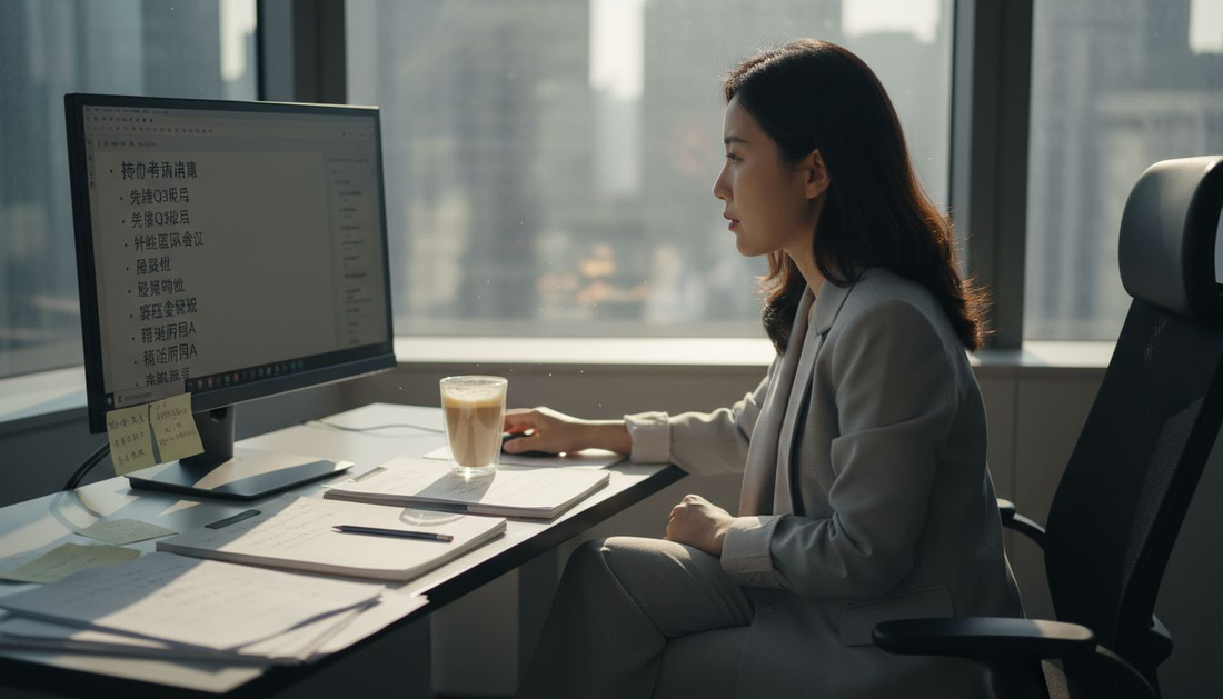 一位女员工独自坐在办公室的角落里，默默应对着内心的焦虑。