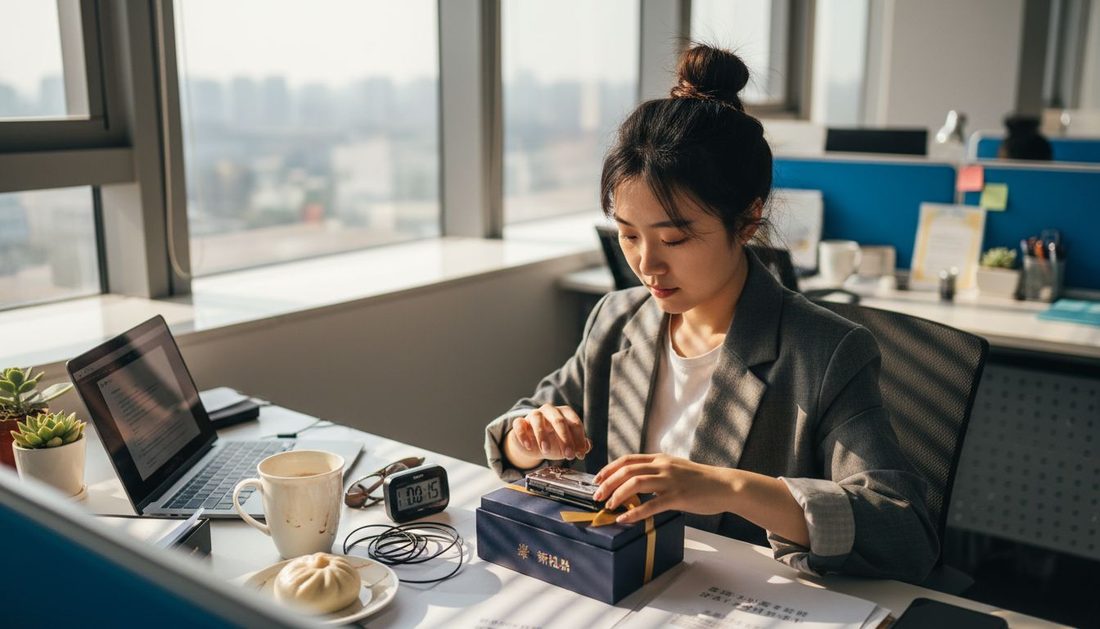 白领在阳光下拆开一份专注力提升礼盒，期待能够改善自己的注意力问题。