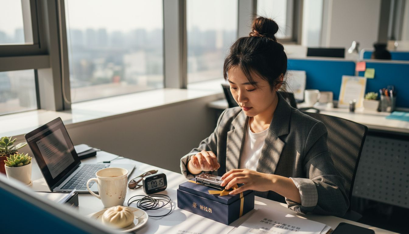 白领在阳光下拆开一份专注力提升礼盒，期待能够改善自己的注意力问题。