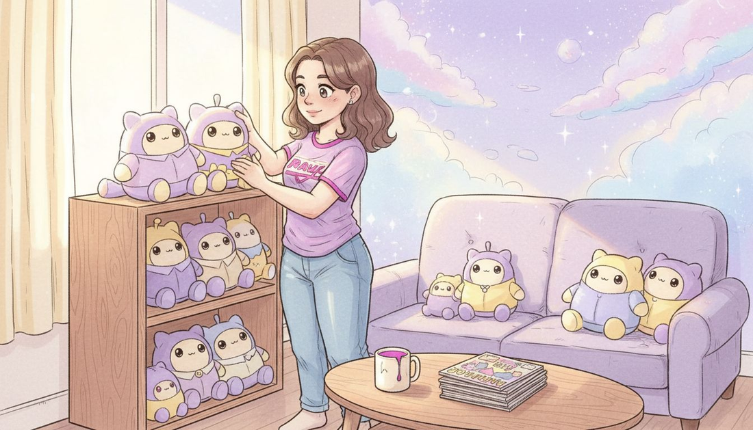 Woman arranging plush collectibles in living room