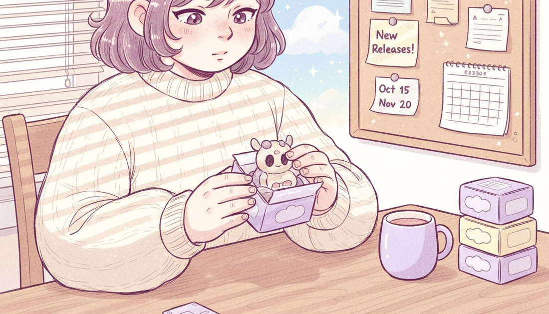 Collector opening blind box in city apartment