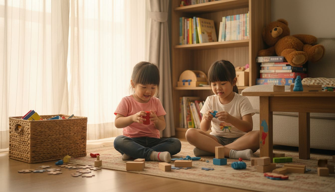 孩子们在玩一些可以用手触摸、没有电子屏幕的玩具，享受动手的乐趣。