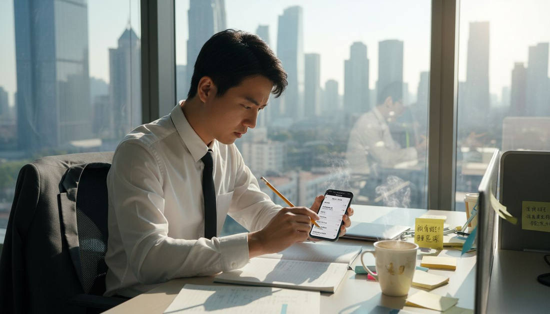 年轻白领坐在办公桌前，神情略显紧张，似乎有些心事重重。