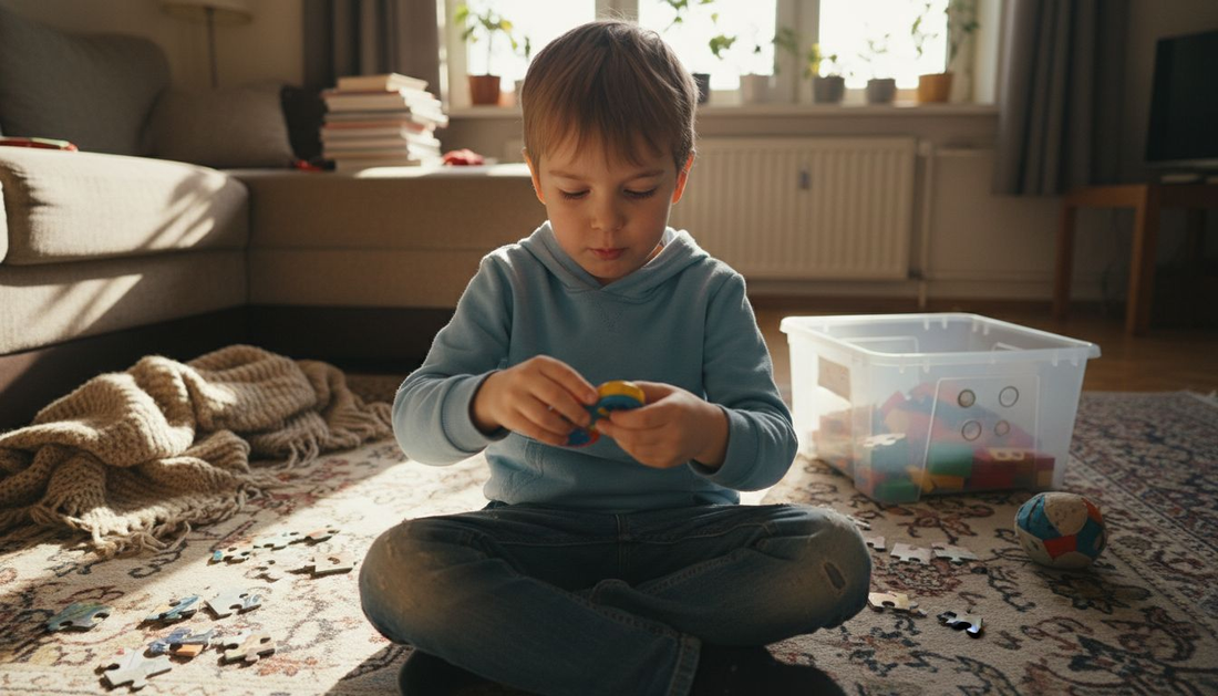 一个小男孩正聚精会神地玩着他的陀螺，眼神里满是专注和好奇。