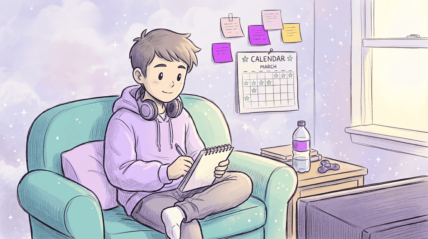 Young adult planning ADHD stress workflow 2026