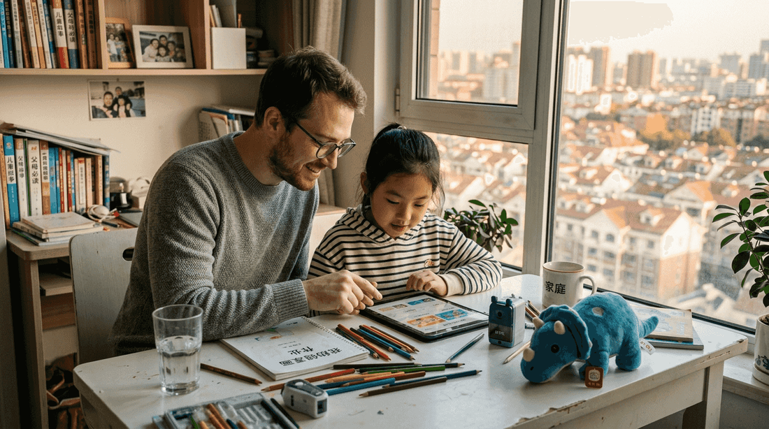 父亲和孩子一起挑选数字礼物的温馨场景