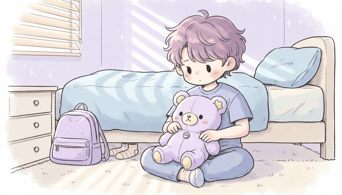 Child hugs interactive plush bear calmly