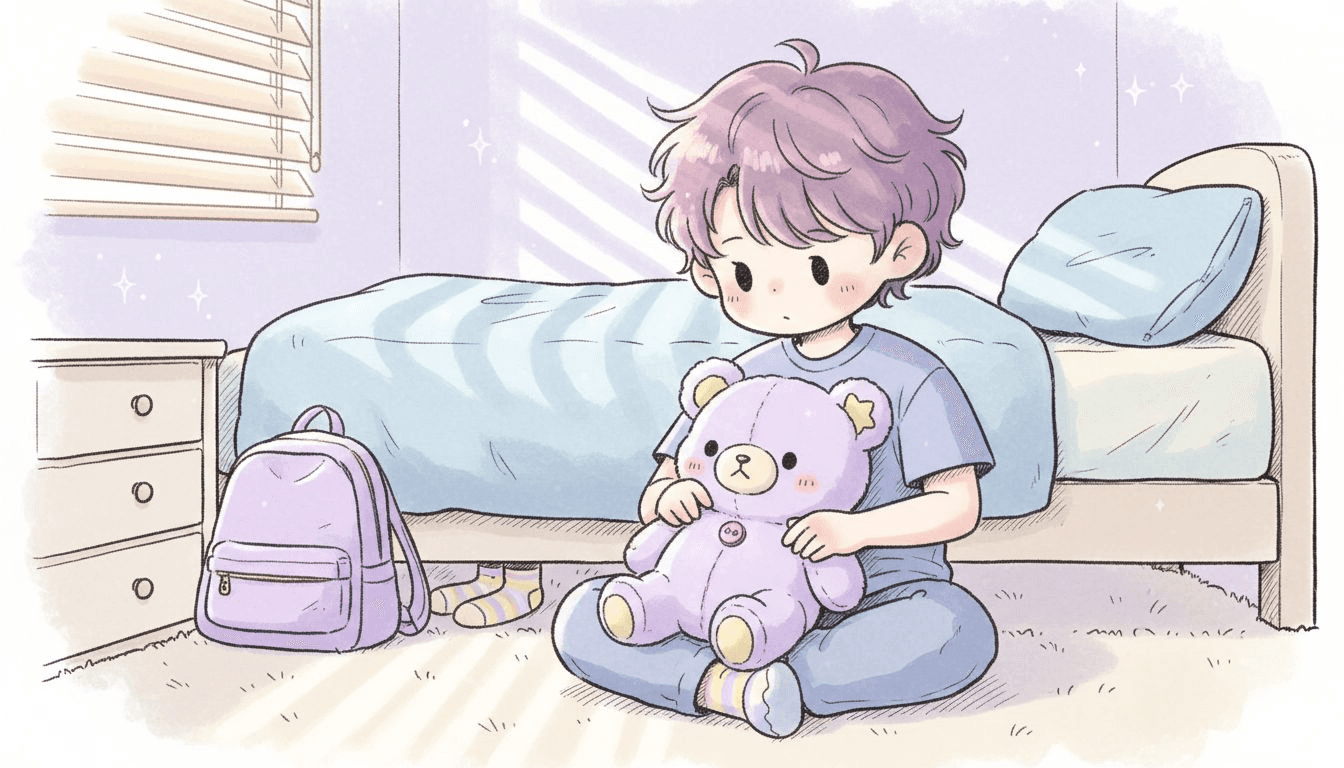 Child hugs interactive plush bear calmly