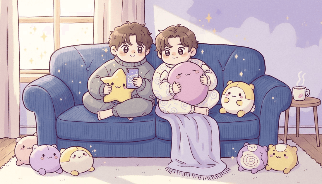 People relaxing with plush collectibles in sunlit living room